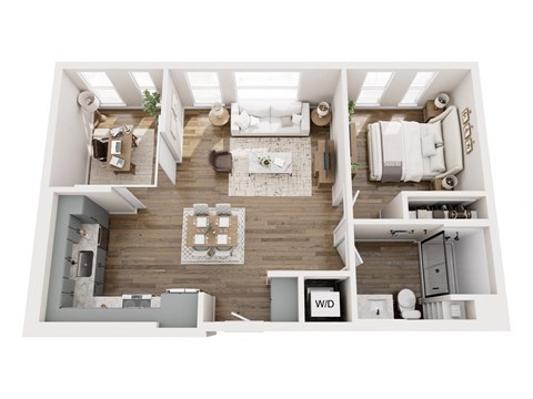 A top-down view of a well-organized apartment layout.